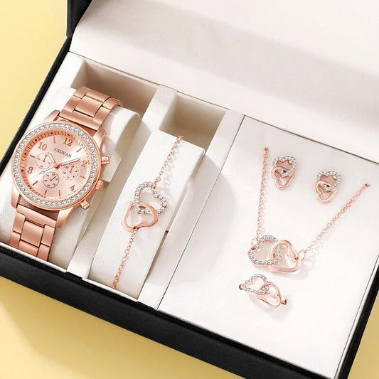 Rose Gold Watch Set: Rhinestone, Bracelet, 6PCS